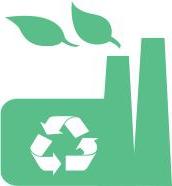 Sustainability icon depicting a factory with a recycling logo.